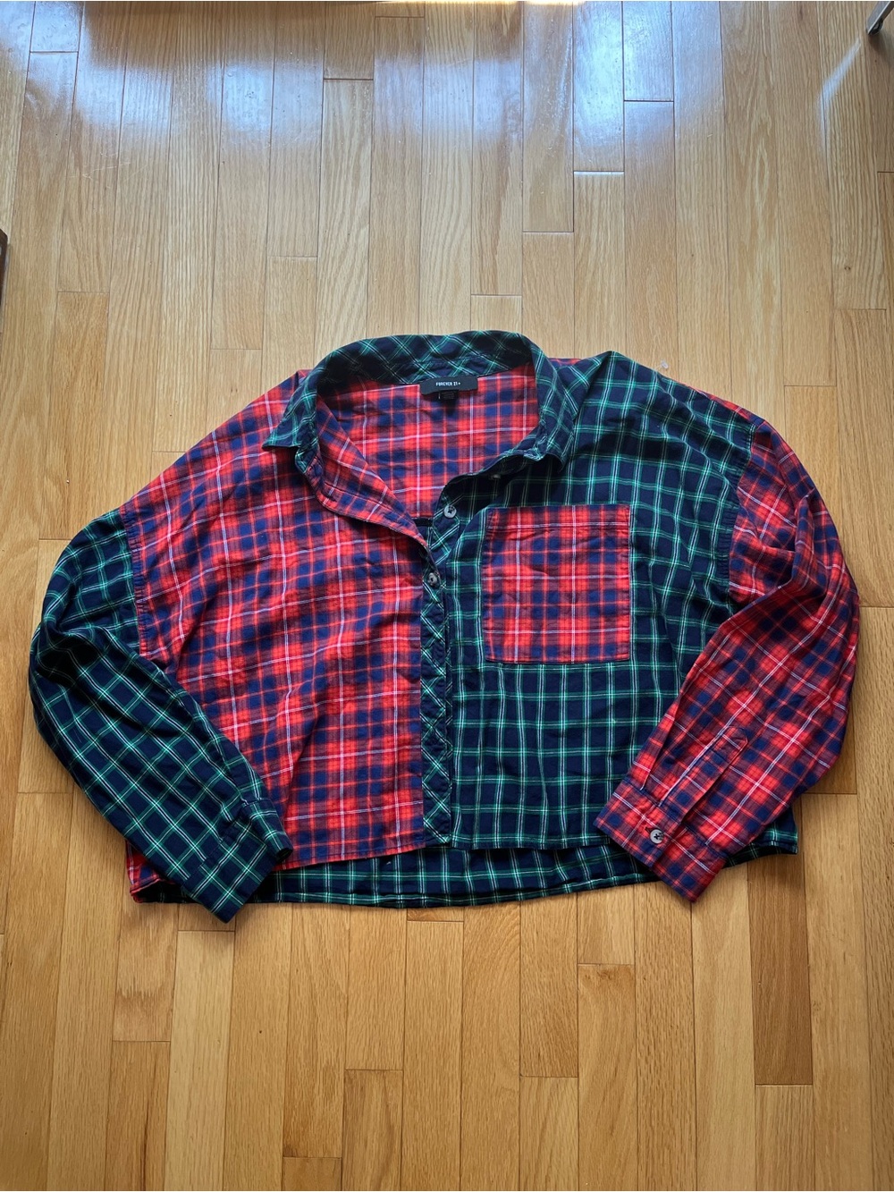 Plaid Two-Tone Cropped Button-Up Flannel Shirt - Red & Green